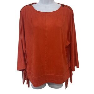 Chicos 1 Fringe‎ Top Woman Medium/8 Orange Faux Suede Zippers Western Moto New
